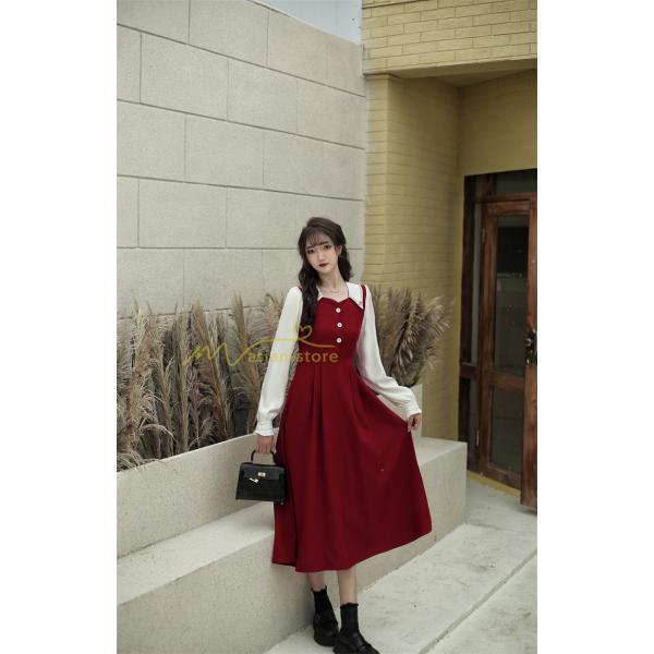 マキシ | ドッキングワンピース 秋 レディース 長袖ワンピ 切替 フェイク レイヤード風 重ね着風 Aラインワンピース 着痩せ ワンピース 可愛い 大人 二次会 30代40代