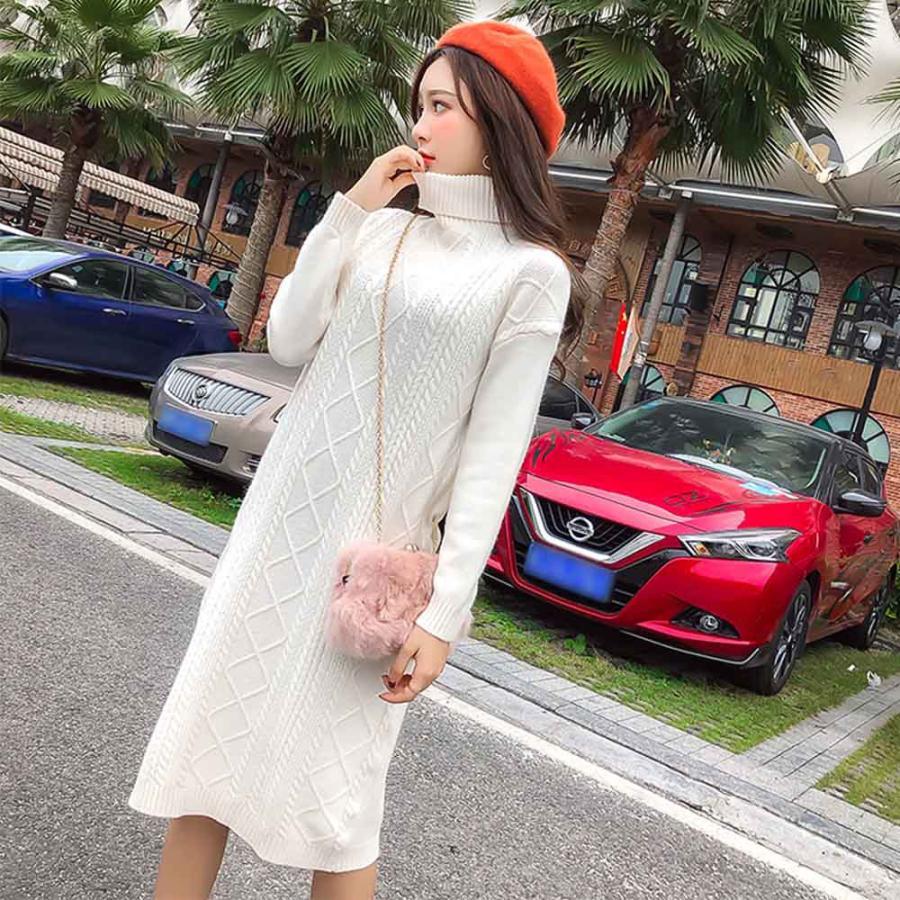 ワンピース | ロング長袖 レディース ケーブルニット タートルネック 厚手 ざっくり ニット