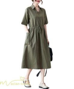 マキシ | ワンピース ゆるワンピース 無地 シャツワンピース ネック 麻混 ひざ丈 ウエスト紐 カジュアル ポケット 体型カバー ゆったり 30代 50代 夏物 40代 シンプル