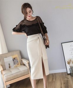 スカート | 夏 膝丈 セクシースリット タイト無地 大人 リボン 可愛い オフィス 30代40代50代 夏服 サマースカート しっかり