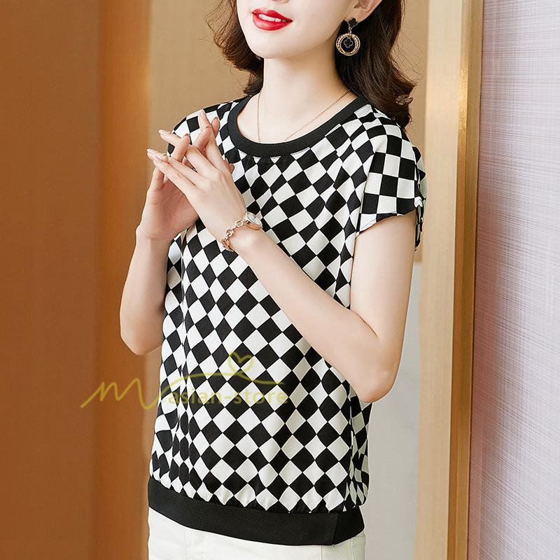 tシャツ・カットソー | Tシャツ トップス レディース 白トップス 40代 春夏 上品 半袖Tシャツ ブラウス カジュアル 韓国風 通勤 50代 ゆったりTシャツ カットソー 30代 チェック柄 OL