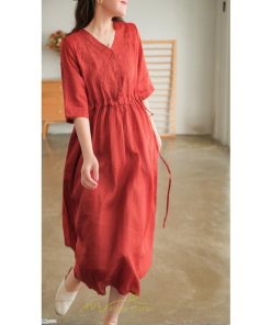 ミディアム | ワンピース レディース 夏新作 半袖 五分袖 ミモレ丈 刺繍 無地 Aラインワンピース ギャザー ゆったり Vネック ウエストリボン付き 調整可 40代 綿麻 30代