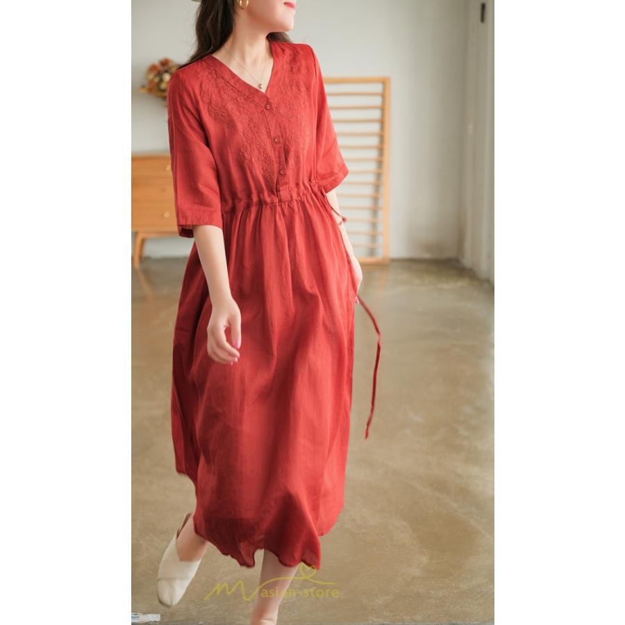 ミディアム | ワンピース レディース 夏新作 半袖 五分袖 ミモレ丈 刺繍 無地 Aラインワンピース ギャザー ゆったり Vネック ウエストリボン付き 調整可 40代 綿麻 30代