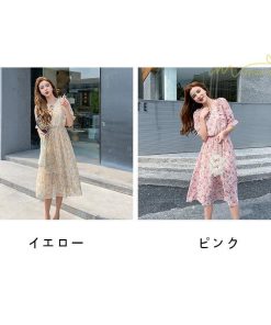 ミディアム | ワンピース プリーツフレア フェミニン Aライン リボンデザイン 小花柄 リゾートワンピ ウエストゴム ハイウエスト 2020新制作 ピンタック 夏コーデ 薄手