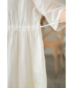 ミディアム | ワンピース レディース 夏新作 半袖 五分袖 ミモレ丈 刺繍 無地 Aラインワンピース ギャザー ゆったり Vネック ウエストリボン付き 調整可 40代 綿麻 30代