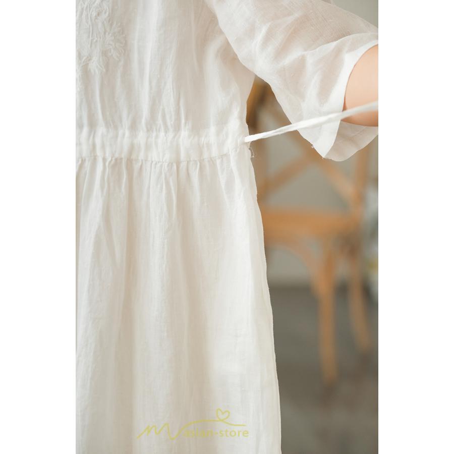 ミディアム | ワンピース レディース 夏新作 半袖 五分袖 ミモレ丈 刺繍 無地 Aラインワンピース ギャザー ゆったり Vネック ウエストリボン付き 調整可 40代 綿麻 30代
