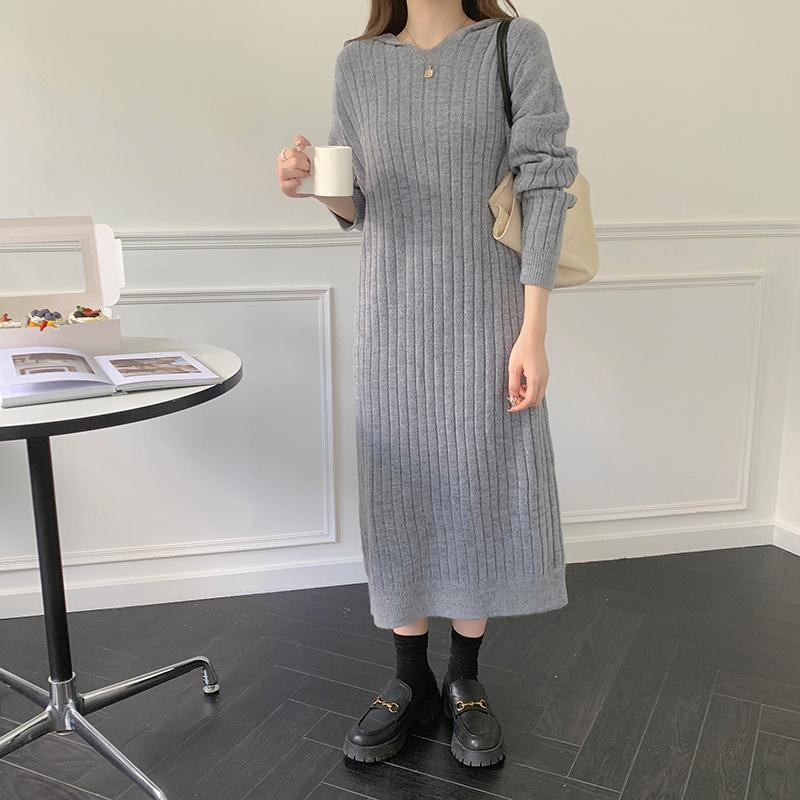 ニットワンピース | ワンピース 秋冬 太めリブニット ロングワンピース ミモレ丈 無地 フード付き 帽子 ストレッチ 大人 セーター 50代 長袖 20代30代 アウター