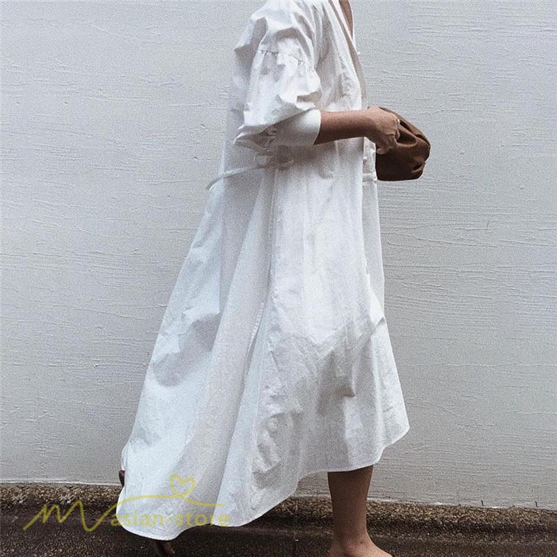 マキシ | サマーワンピース レディース 着痩せ 無地 Vネック 7分袖 コットン ゆるワンピース ゆったり ロングワンピース 夏服 ワンピース 夏 きれいめ トレンド ロング丈