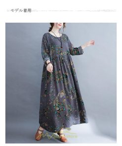 マキシ | ワンピース レディース 長袖 ロング カジュアル 花柄プリント 大きいサイズ  ぽっちゃり 着痩せ 上品 新作 丸首 秋 Aライン 夏 20代30代40代50代 レトロ風