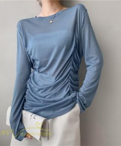 ｔシャツ・カットソー | Tシャツ Tシャツ レディース 無地 長袖 トップス カジュアルTシャツ おしゃれ クルーネック 秋服 夏秋 インナー 日常感 大きいサイズ 薄手 タック ゆったり 上品