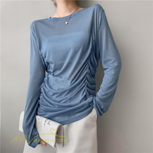 tシャツ・カットソー | Tシャツ Tシャツ レディース 無地 長袖 トップス カジュアルTシャツ おしゃれ クルーネック 秋服 夏秋 インナー 日常感 大きいサイズ 薄手 タック ゆったり 上品