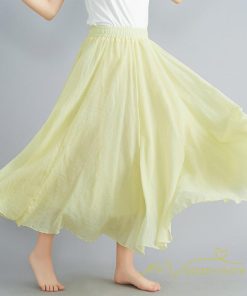 スカート | ロング綿麻フレアウエストゴム ハイウエスト 85cm ネイビー イエロー 無地 夏物 可愛い 春服