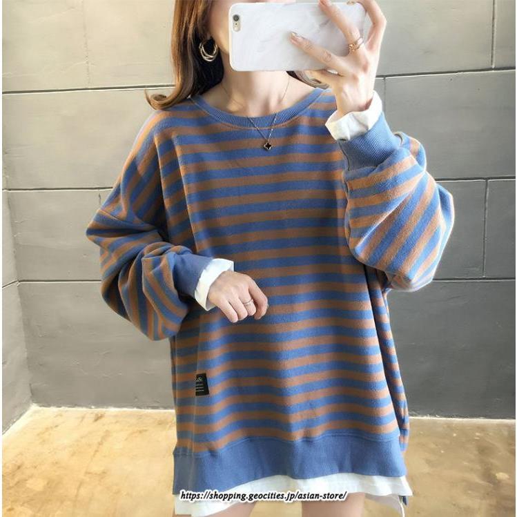 パーカー | 重ね着風トレーナー レディース 長袖 トップス カジュアル スウェット ボーダー柄 ゆったり トレーナー トップス 切り替え 可愛い きれいめ レイヤード風