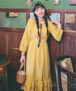 マキシ | ロングワンピース 長袖 花柄 フレア エスニック風 民族風 レトロ調 刺繍 綿麻 リゾート 旅行 レジャー お出かけ 外出 華奢魅せ 着痩せ 女子会 Vネック 同窓会