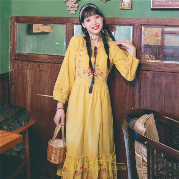 マキシ | ロングワンピース 長袖 花柄 フレア エスニック風 民族風 レトロ調 刺繍 綿麻 リゾート 旅行 レジャー お出かけ 外出 華奢魅せ 着痩せ 女子会 Vネック 同窓会