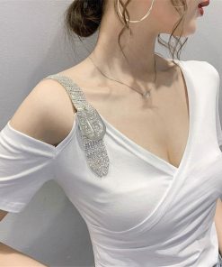 Tシャツ・カットソー | Tシャツ 肩だし クロスVネック コットン トップス 半袖 ヒョウ柄 無地 レディース スタイリッシュ 個性的 エレガント セクシー 着痩せ 気質 フェミニン