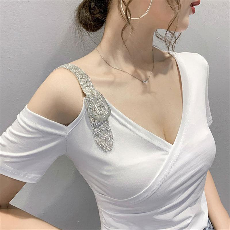 Tシャツ・カットソー | Tシャツ 肩だし クロスVネック コットン トップス 半袖 ヒョウ柄 無地 レディース スタイリッシュ 個性的 エレガント セクシー 着痩せ 気質 フェミニン