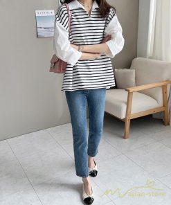 シャツ・ブラウス | ブラウスシャツ レディース 七分袖 Tシャツ 切り替え ボーダー フェイク 重ね着風 レイヤード トップス オフィスカジュアル 大人 20代 50代 通勤 30代