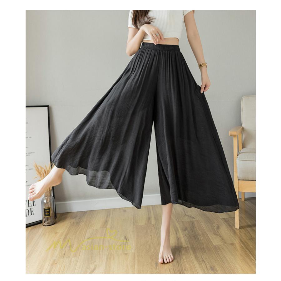 新作 | リネンパンツ 夏 ガウチョパンツ スカーチョ 体型カバー ワイドパンツ レディース ガウチョ ボトムス ゆったり 涼しい キュロット 春夏 ウエストゴム ズボン