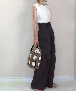 ワイドパンツ | レディース ガウチョパンツ 無地 ロングパンツ 着痩せ 体型カバー カジュアル パンツ おしゃれ 蝶結び かわいい ハイウエスト ゆったり 韓国風