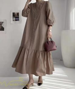 マキシ | シャツワンピース 7分袖 無地 切り替え モックネック シンプル レディース カジュアルワンピース 秋コーデ マーメイドワンピ 前開き Aライン 大きいサイズ 秋