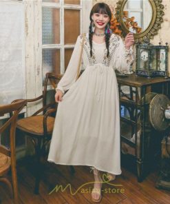 マキシ | ロングワンピース レディース ワンピ 夏 秋 長袖 可愛い 部屋着 リゾート Vネック 綿麻 花柄 高見え 旅行 20代30代40代 エスニック風 細見え レトロ風 お泊り