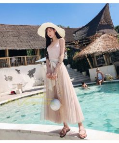 スカート | フレア チュールレディース ロングウエストゴム 春夏 リボン マキシ ドッキング 20代30代40代 着痩せ カジュアル お出かけ