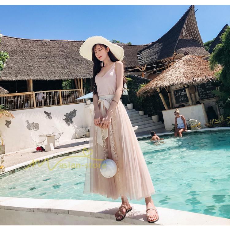 スカート | フレア チュールレディース ロングウエストゴム 春夏 リボン マキシ ドッキング 20代30代40代 着痩せ カジュアル お出かけ