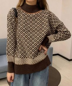 ニット・セーター | 配色ダイス柄ニットトップスハイネック