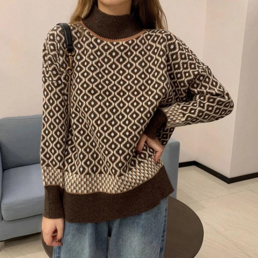 ニット・セーター | 配色ダイス柄ニットトップスハイネック