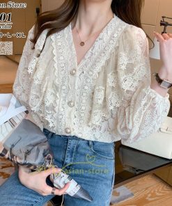 シャツ・ブラウス | ブラウス レディース きれいめ 40代 春秋 オシャレ 長袖 ブラウス レーストップス 夏物 Vネック 20代30代 着痩せ 通勤通学 着回し カジュアル 韓国ファッション