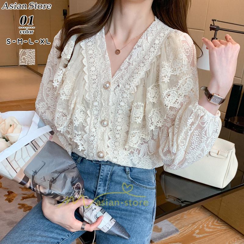 シャツ・ブラウス | ブラウス レディース きれいめ 40代 春秋 オシャレ 長袖 ブラウス レーストップス 夏物 Vネック 20代30代 着痩せ 通勤通学 着回し カジュアル 韓国ファッション