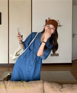 ミディアム | ワンピース デニムワンピース 半袖 ひざ丈 シャツワンピース 夏新作 体型カバー デニム フリーサイズ レトロ風 カジュアル 膝丈 かわいい 無地 ワンピ きれいめ