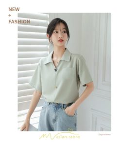 シャツ・ブラウス | ブラウス シャツ 夏 半袖 レディース 白 緑 無地 Vネック 開襟 胸ポケット 通気性 シンプル フランス風 女性 オフィス エレガント 上品 着痩せ 通勤 華奢見え OL