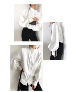 シャツ・ブラウス | シャツブラウス レディーストップス スタンドカラーブラウス 長袖ブラウス 無地シャツ バルーンスリーブ 春夏 リゾート ゆったり エレガント 通学通勤