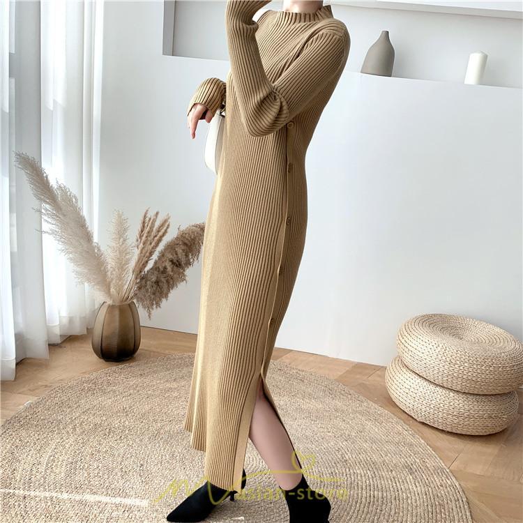 ニットワンピース | レディース 冬 きれいめ ロング おしゃれ 秋冬 長袖 ハイネック サイドスリット セクシー 同窓会 デート 大人フェミニン 女子会 韓国風