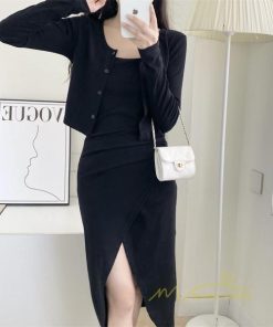 ミディアム | ワンピース タイトワンピース カーディガン セットアップ 2点セット セクシー 膝丈 スリット パーティー スリム キャミソールワンピース 大人 美ライン 無地