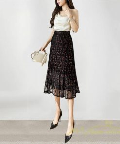 スカート | レーススカートロング丈 ハイウエスト エレガント キレイめ 通勤 日常 大人 リゾートロング 秋 花柄 柔らか 無地 ボトムス レディース ンプル