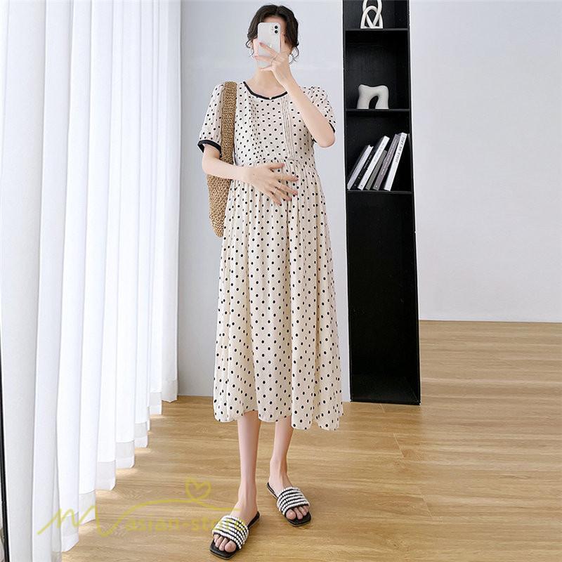 ワンピース | マタニティレディース 着痩せ ドット柄 Aライン半袖 ゆったり マタニティウェア 上品 産前 サマー おしゃれ お出かけ 妊婦服