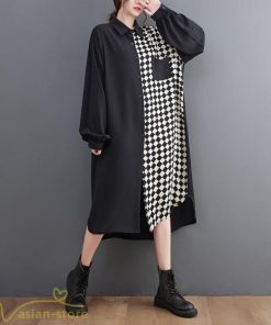 シャツワンピース | ワンピース 長袖 秋 新作 チェック柄 ゆったり 切り替え フリーサイズ ウエストリボン 体型カバー シンプル 大人 バルーンスリーブ 前開き
