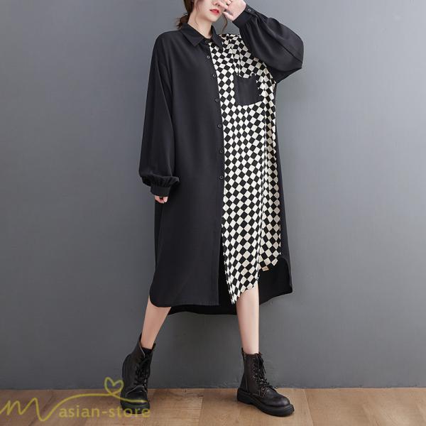 シャツワンピース | ワンピース 長袖 秋 新作 チェック柄 ゆったり 切り替え フリーサイズ ウエストリボン 体型カバー シンプル 大人 バルーンスリーブ 前開き