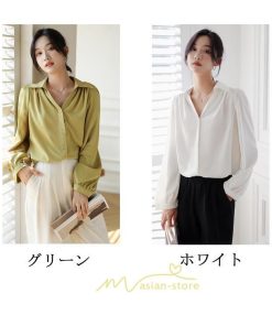 シャツ・ブラウス | ブラウス レディース シャツ トップス Vネック 長袖シャツ 無地 オフィス カジュアル おしゃれ 秋 冬 コーデ 高級感 シフォン エレガント 緑 白 通勤
