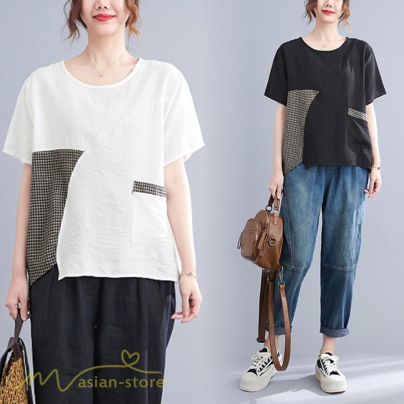 tシャツ・カットソー | tシャツ カットソー レディース 切り替え 女性着 シンプル カジュアル フリーサイズ ゆったり 夏新作 おしゃれ 半袖 チェック柄 黒 半袖tシャツ 丸首 白