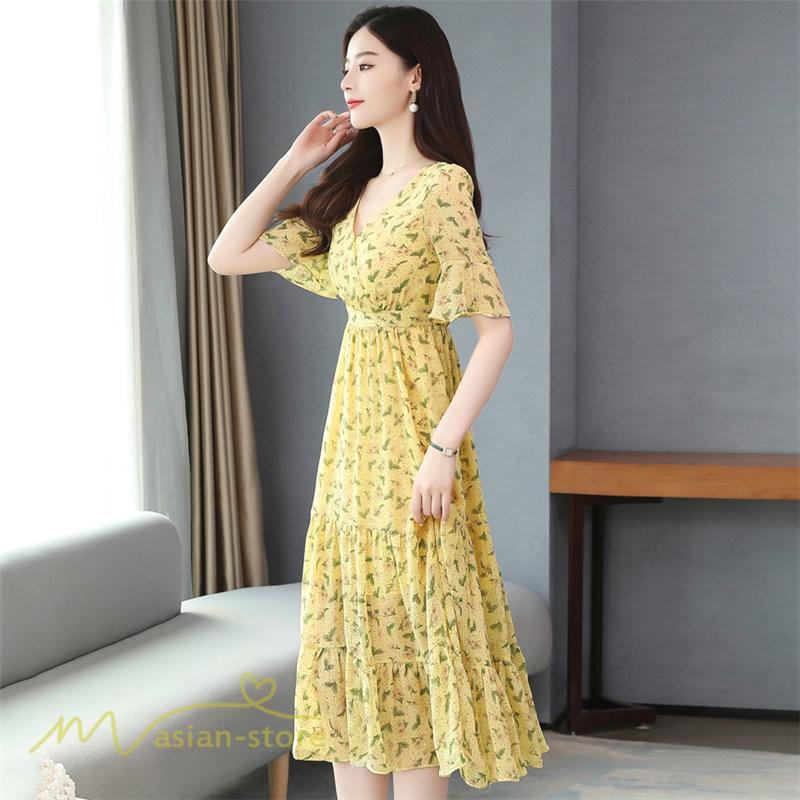 ミディアム | ワンピース Aライン レディース 着痩せ 上品 カジュアル Vネック カジュアル 春 夏 花柄 きれいめサマー ワンピース 通勤 通学 ソフト 膝丈 大人 お出かけ