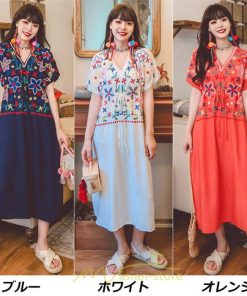 マキシ | ワンピース レディース リゾートワンピ かわいい 半袖 Ｖネック 刺繍 上品 Aライン ロング丈 ロング丈ワンピ エスニック風 結婚式 ファッション 二次会 卒業式