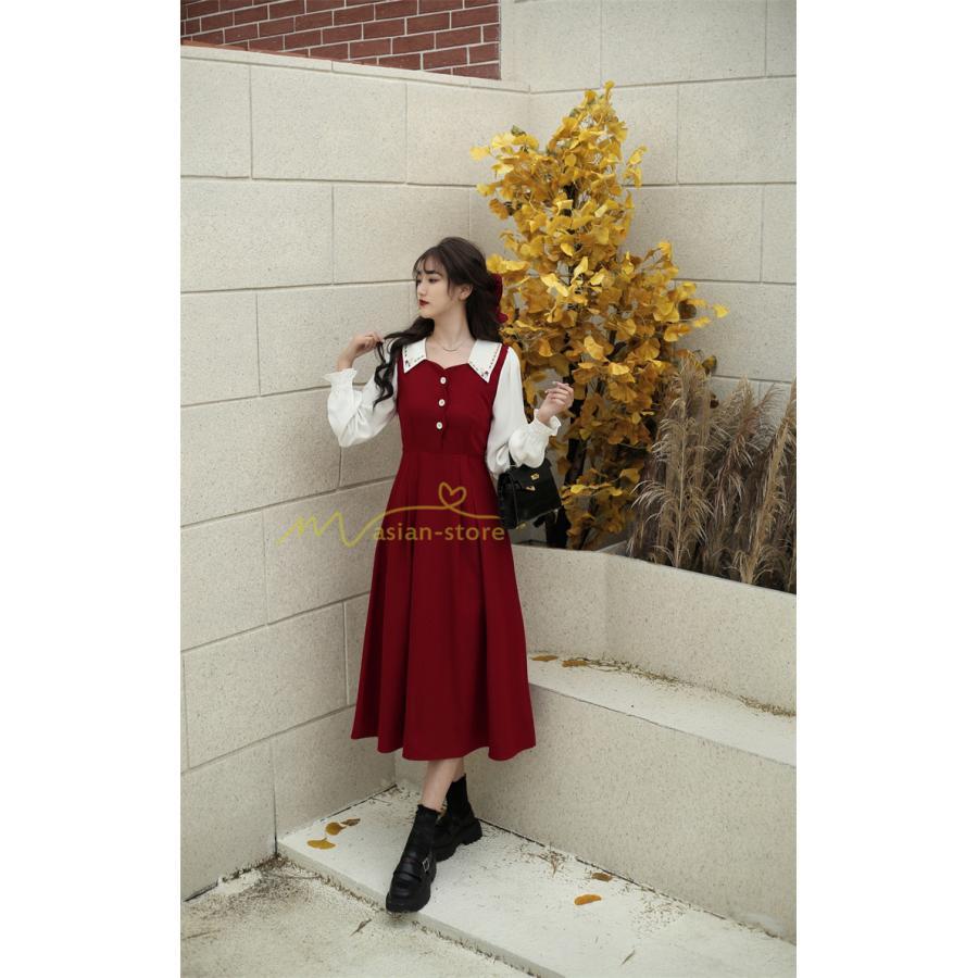 マキシ | ドッキングワンピース 秋 レディース 長袖ワンピ 切替 フェイク レイヤード風 重ね着風 Aラインワンピース 着痩せ ワンピース 可愛い 大人 二次会 30代40代