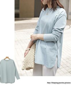 tシャツ・カットソー | Tシャツ Tシャツ コットン長袖オーバーサイズ裾ラウンドTシャツ レディース 綿Tシャツ 長袖Tシャツ クルーネック 秋物 ミドル丈 無地 丸首 長袖