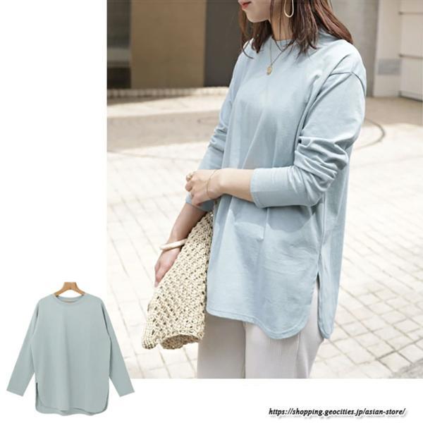 tシャツ・カットソー | Tシャツ Tシャツ コットン長袖オーバーサイズ裾ラウンドTシャツ レディース 綿Tシャツ 長袖Tシャツ クルーネック 秋物 ミドル丈 無地 丸首 長袖