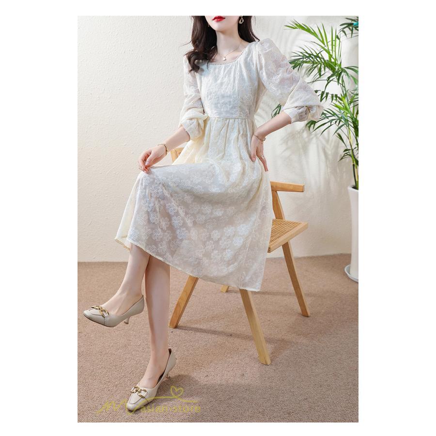 ミディアム | Aラインワンピース 秋コーデ レディース 長袖 膝丈ワンピース 腰リボン付き 刺繍 パフスリーブ 美ライン シルエット 大人 無地 オフィス お呼ばれ フォーマル