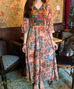 マキシ | ロングワンピース 五分袖 夏ワンピース 秋新作 Aラインワンピース マキシワンピース 刺繍 花柄 プリント 切り替え 旅行 30代40代 ワンピース ダンス 舞台 可愛い